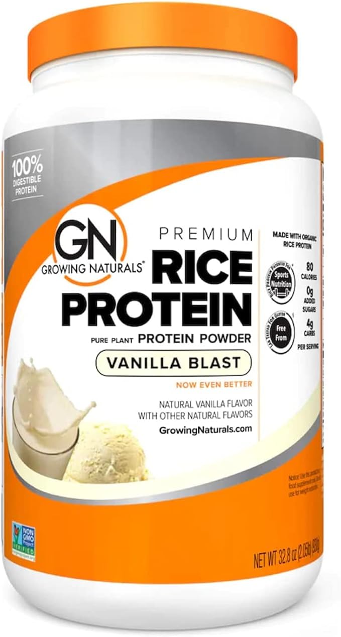 Growing Naturals Organic Rice Protein Powder - 15g Plant Protein 2.8G BCAA - Low-Carb Low-Sugar Non-GMO - Vanilla Blast 2 Pound (Pack of 1)