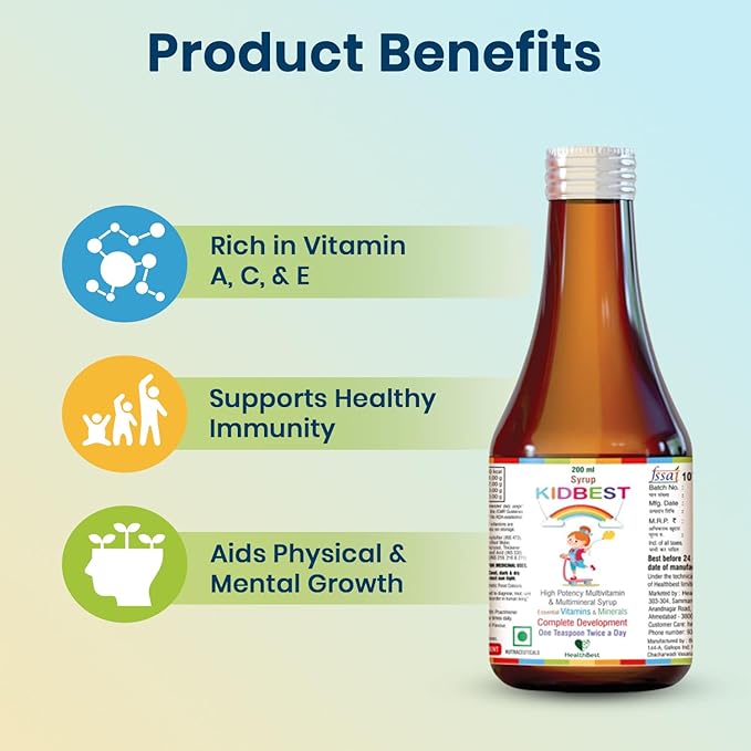 Kidbest Multivitamin Syrup for Kids 3-13 Years – Liquid Formula with 13 Nutrients for Appetite Immunity and Growth – Tasty Daily Vitamins for Stronger Kids | Toddler multivitamin for kids|200ml