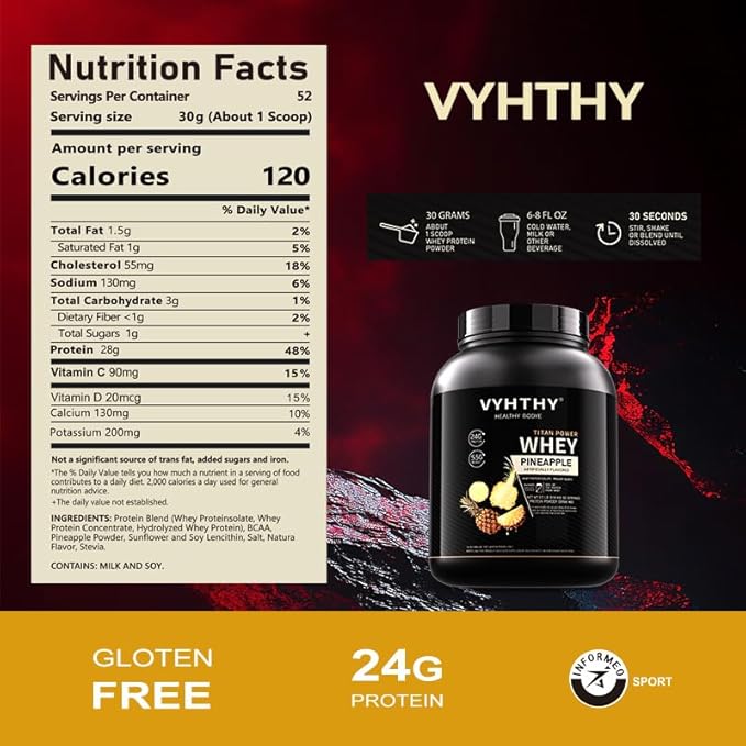 Pineapple Flavored Whey Protein Powder24g Protein per Serving Fast-Absorbing Concentrated whey Protein Low Sugar Gluten-Free Natural Flavor 3.5lbs(56oz)