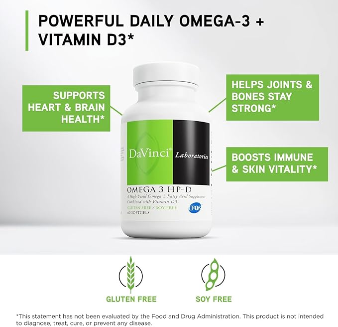 DAVINCI Labs Omega 3 HP-D - Dietary Supplement to Support Immune System Healthy Joints and Cardiovascular and Skin Health* - with Vitamin D3 and More - Gluten-Free - 60 Softgels