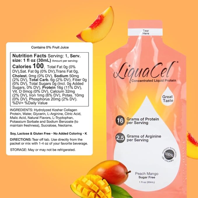 LiquaCel Concentrated Liquid Protein Peach Mango Flavor 16g Hydrolyzed Collagen Protein and 2.5g Arginine Per Single-Serving Packet Sugar &amp Gluten Free 1fl oz Packets 100ct Case