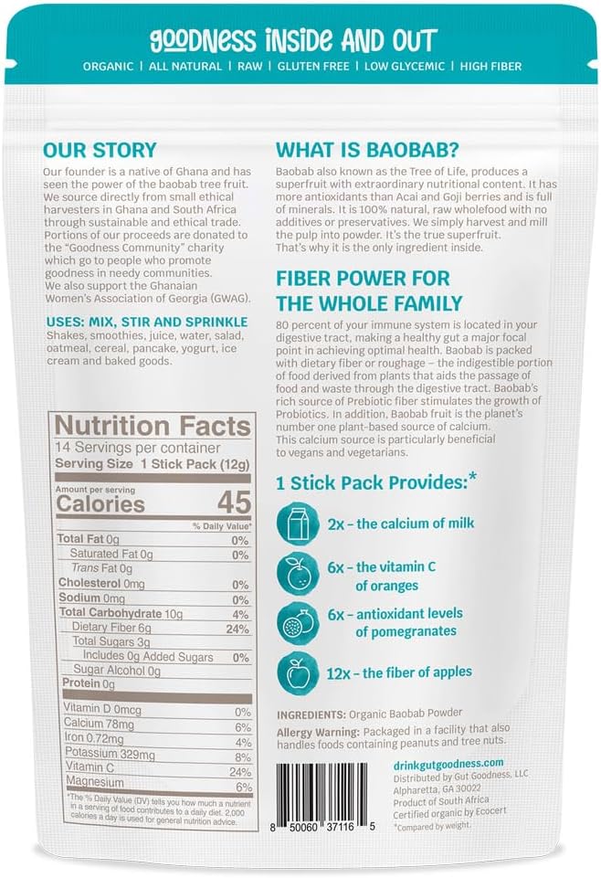 Organic Prebiotic Baobab Powder Stick Packs - Daily Fiber Digestive Health Energy &amp Recovery - Nutrient-Rich - Vitamin Dietary Fiber