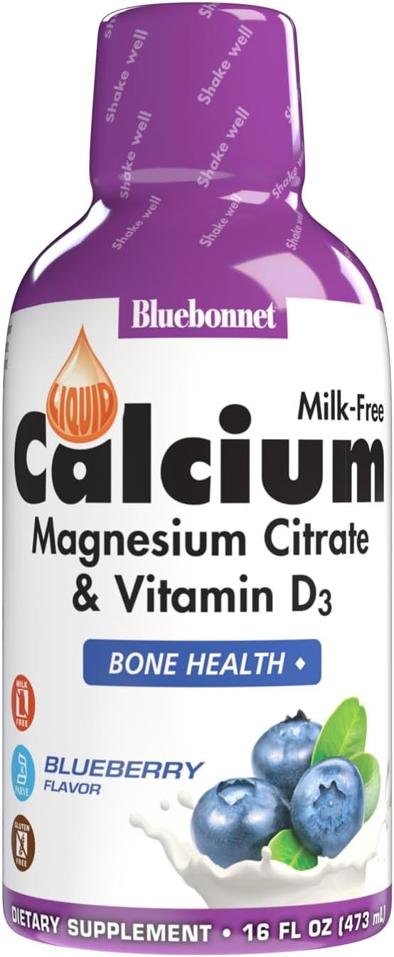 BlueBonnet Nutrition Liquid Calcium Citrate Magnesium Citrate Vitamin D3 Bone Health Gluten Free Soy Free Milk Free Kosher Blueberry and Mixed Berry Combo
