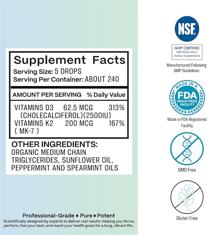 Vitamin D3 K2 Drops - High Potency 2500 IU D3 &amp 250 mcg K2 MK7- Supports Bone Immune Heart Muscle Mood &amp Cognitive Health*-Fast Absorption Mint Flavor Vegan Non-GMO