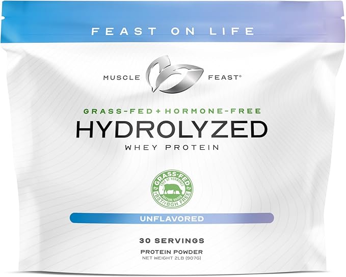 Muscle Feast Hydrolyzed Whey Protein Powder Grass Fed and All Natural Hormone-Free Hydro Whey Powder for Men and Women Gluten Free Non-GMO Delicious Hydrolyzed Protein Powder Unflavored 2lb