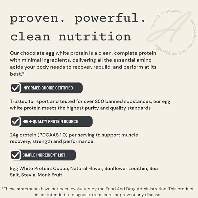 Anea Egg White Protein - Chocolate | 24g Protein | Fat-Free Cholesterol-Free | 4.9g BCAA | Complete Amino Acid Profile| Dairy-Free Gluten-Free Soy-Free | Chocolate Flavor | Made in GMP Facility