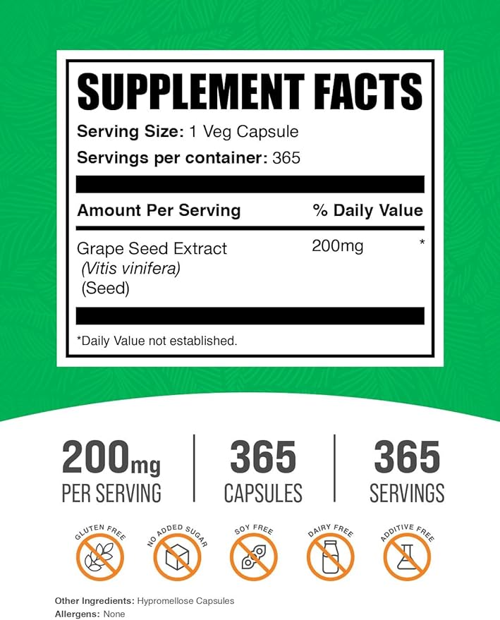 BulkSupplements.com Grape Seed Extract Capsules - Antioxidant Supplement Grape Seed Extract 200mg - Vegan &amp Gluten Free 1 Capsule per Serving 365 Veg Capsules (Pack of 1)