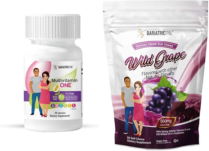 BariatricPal Duodenal Switch Complete 30-Day Supply Vitamin Pack (Iron-Free Capsule Calcium Citrate Soft Chews with Probiotics - Wild Grape)