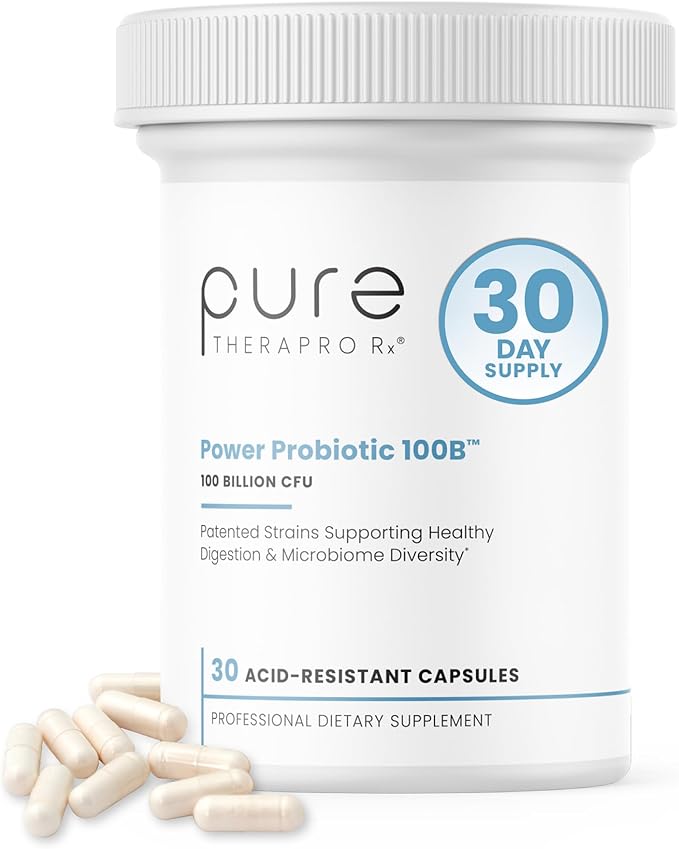 Pure Therapro Rx Power Probiotic 100B | 30 Acid Resistant Capsules - 1 Month Supply | 4 Proven Strains 100 Billion CFU | Flora Balance &amp Digestion | NO Refrigeration Required | Non-GMO | Zero Fill