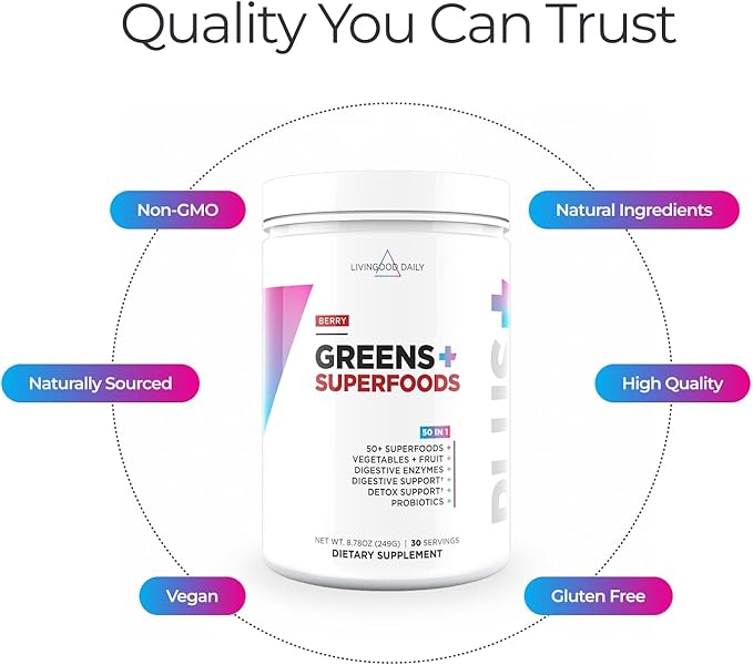 Livingood Daily Greens &amp Superfood Powder Super Greens for Gut Health Green Juice Powder with Spirulina Chlorella and Digestive Enzymes Probiotics for Digestive Support Berry 30 Servings
