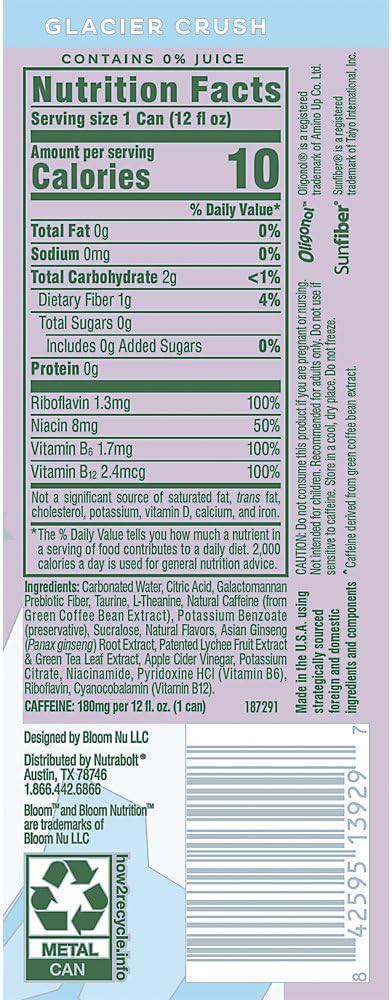 Bloom Nutrition Sparkling Energy Drink - Natural Caffeine Zero Sugar 180mg - Antioxidant-Rich with Green Coffee Bean Green Tea Extract Prebiotics - Glacier Crush - 12oz 12 Pack
