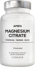 Amen Magnesium Citrate Supplement - Magnesium Pills with Vitamin B6 P5P Taurine Inulin Bioperine Black Pepper - Gluten-Free Non-GMO- 60 Capsules
