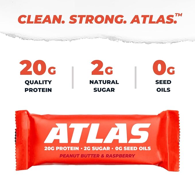 Atlas Real Food Protein Bar – 20g Clean Protein 2g Sugar No Seed Oils No Artificial Sweeteners (Peanut Butter &amp Raspberry 24 Count)