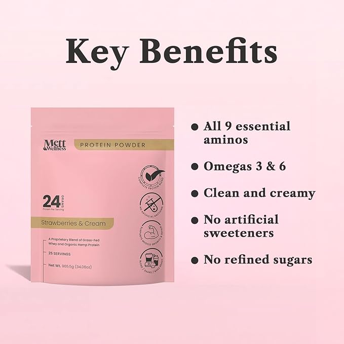 Strawberries &amp Cream Grass-Fed Whey + Hemp Heart Protein Powder with Bovine Collagen | 24g Protein per Serving | Supports Digestion &amp Daily Wellness | 1.5 lbs (25 Servings)