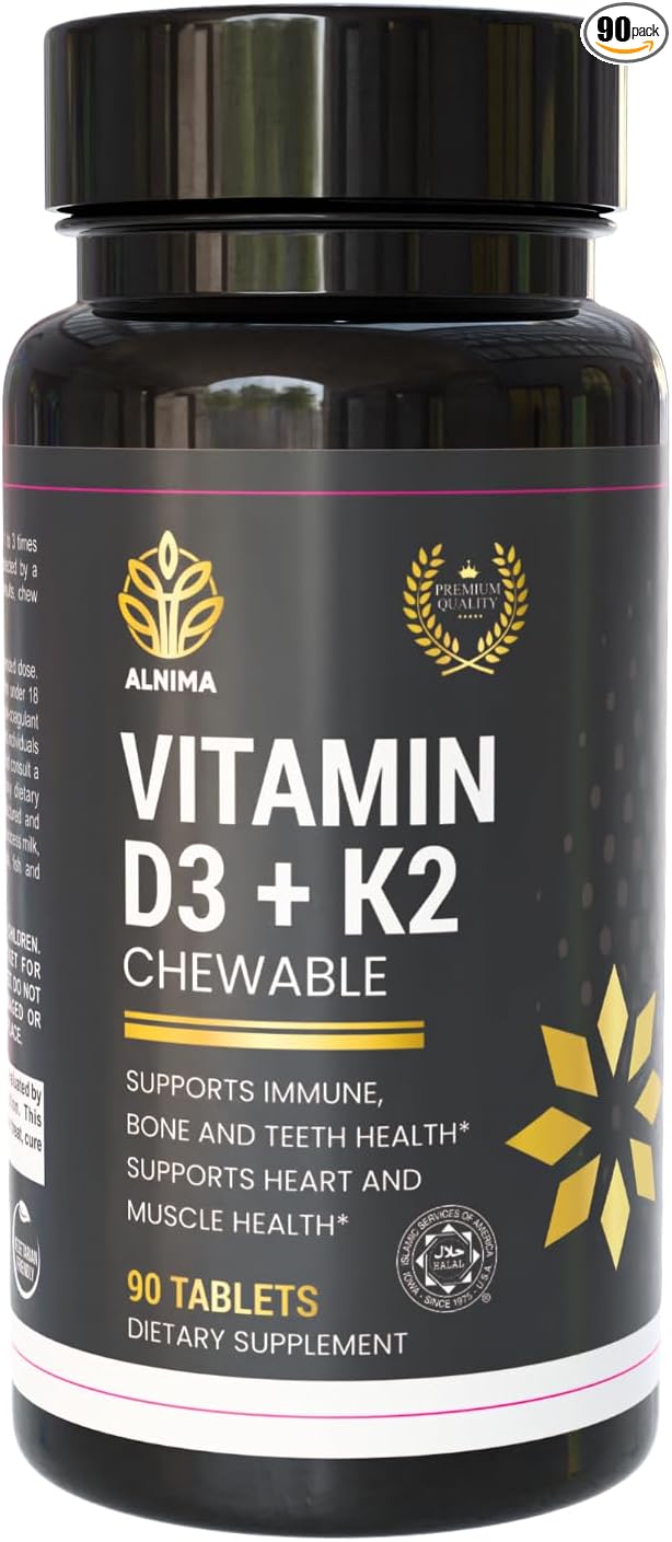 Halal Vitamin D3 + K2 Chewable – Bone &amp Immune Health Support with MK-7 for Heart &amp Muscle Wellness | 90 Tablets – Halal Certified Made in USA
