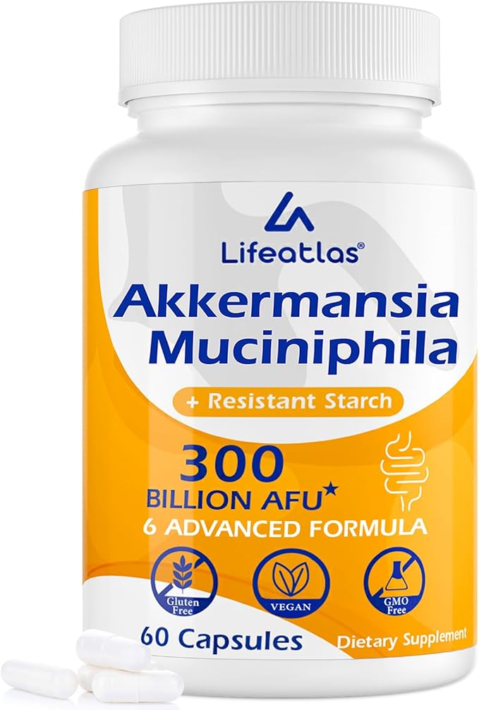 Lifeatlas Akkermansia Supplement Probiotic | Akkermansia with 300 Billion AFU Akkermansia Probiotic 6-in-1 Akkermansia Probiotics for Women and Men Daily Akkermansia Supplement 60 Caps