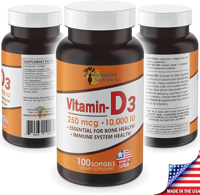 Sunshine Naturals Vitamin D3 Dietary Supplement. High Strength for Immune System Support Bone Health Mood Boost and Muscle Function. Supports Healthy Calcium Absorption. 100 Gels.