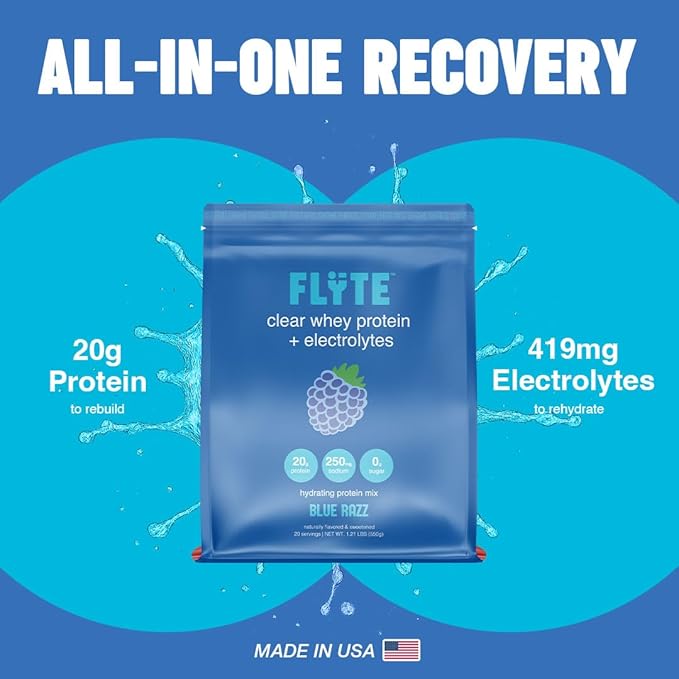 FLYTE Clear Whey Isolate Protein Powder Blue Raspberry Flavor | 20g Grass-Fed Whey Isolate + Electrolytes | No Added Sugar Gluten-Free 20 Servings