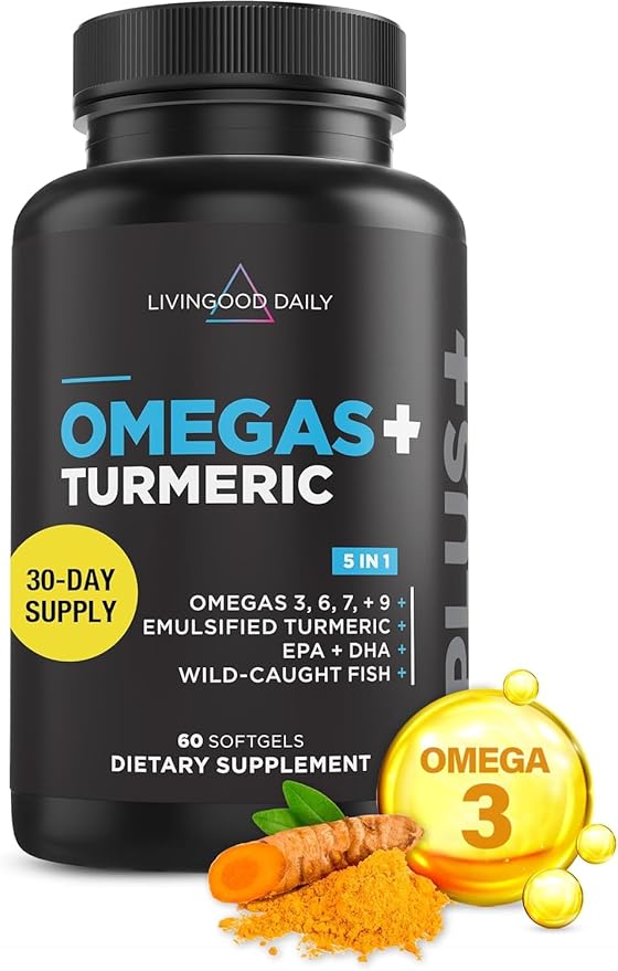 Livingood Daily Omega 3 6 9 Plus Turmeric Curcumin Supplement 60 Softgels - Fish Oil Omega 3 Supplements (EPA &amp DHA) for Men and Women - Brain Joint Heart Health and Metabolism - Made in USA