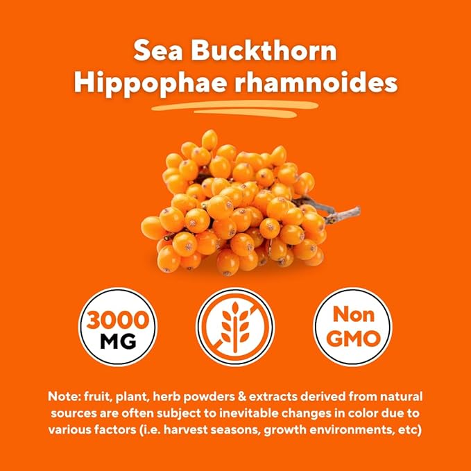 Organic Sea Buckthorn Extract Powder with Natural Omega 7 &amp Omega 3 6 9 for Heart Health Skin Immune Support - 100g Powder Supplement &amp 33 Day Supply - Non-GMO Gluten-Free Vegan-Friendly