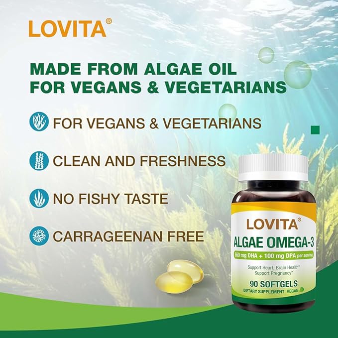 Lovita Algae Omega-3 Vegan and Plant-Based DHA &amp DPA Fish Oil Alternative 1000mg Algae Oil Support Heart and Brain Health Carrageen-Free 90 Softgels (Pack of 3)