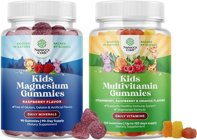 Bundle of Kids Magnesium Gummies - Supplement for Nerve Health Muscles &amp Healthy Heart Support and Plant Based Kids Multivitamin Gummies - Multivitamin for Immunity Support with Vitamins A C D3