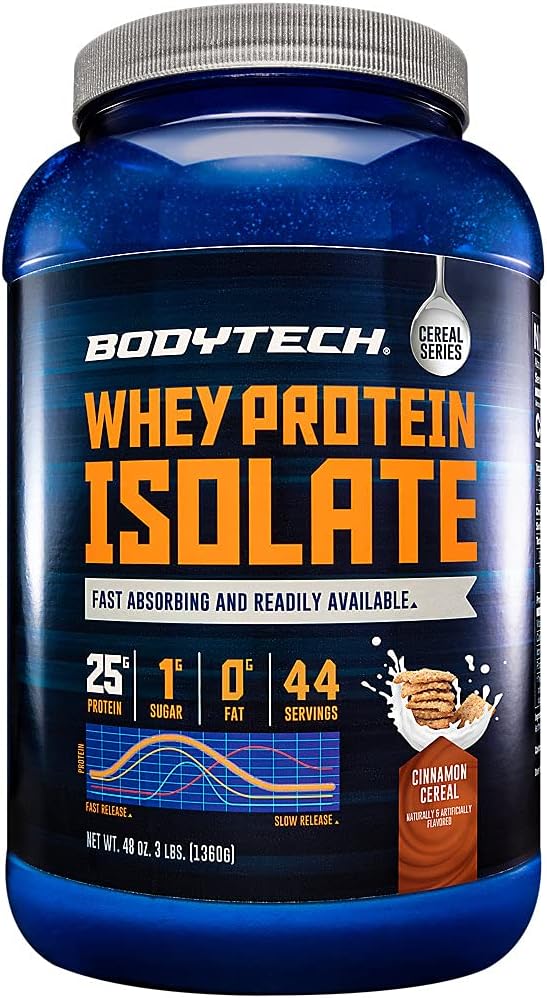 BodyTech Whey Protein Isolate Powder Cinnamon Cereal Flavor 25g Protein per Serving High Concentrated Protein Powder with Amino Acids &amp BCAAs for Men and Women Gluten Free 3 lbs 47 Servings
