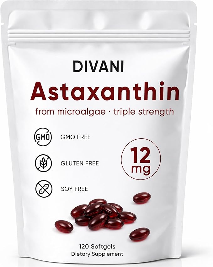 DIVANI Astaxanthin Astaxanthin 12mg Antioxidant Supplement for Daily Wellness Immune Eye &amp Skin Support Non-GMO Gluten Free - 120 Softgels (1)
