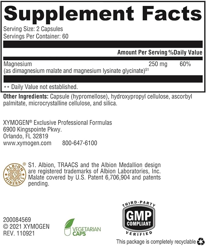 XYMOGEN OptiMag 125 - Magnesium Glycinate &amp Malate - Muscle &amp Nervous System Support - Gentle Daily Magnesium - 120 Capsules