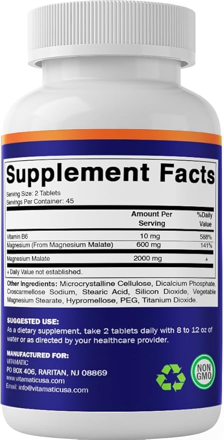Vitamatic Magnesium Malate 2000mg per Serving - 90 Vegetarian Tablets - Added B6 for Maximum Absorption - Supports Muscle Joint and Heart Health* (3 Bottles Unflavored)