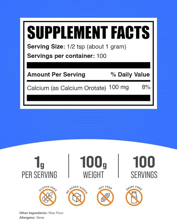 BulkSupplements.com Calcium Orotate Powder - Calcium Supplement High Bioavailability - Unflavored &amp Gluten Free 1g per Serving 100g (3.5 oz) (Pack of 2)