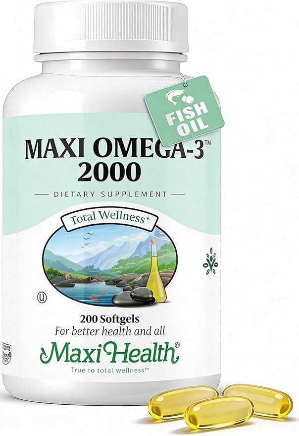 Omega 3 Supplement - Omega-3 Fish Oil 2000mg - Natural Source of EPA &amp DHA - Heart Brain &amp Joint Health - Kosher Certified Wild Caught Marine Fish - 200 Vegetarian Softgels by Maxi Health