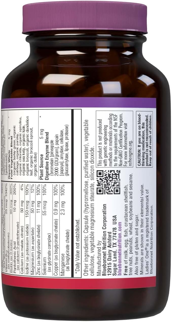 Bluebonnet Nutrition Ladies’ ONE 40+ Whole Food-Bed Multiple Women Multivitamin for Women 40+ Soy-Free Non-GMO Gluten Free 60 Vegetable Capsules 60 Servings