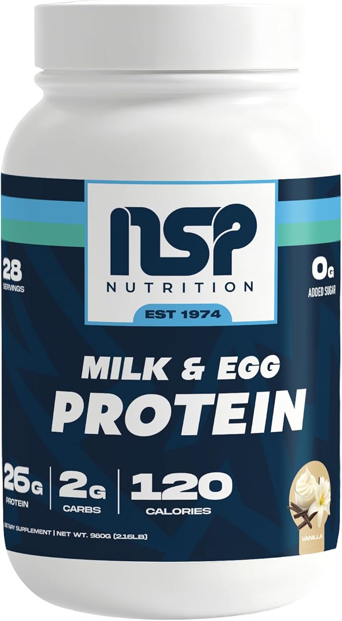 NSP Nutrition Milk &amp Egg Protein Powder | 26g Protein | 28 servings | perfect for sensitive stomachs | no bloating | build muscle | protein for sensitive stomachs French Vanilla