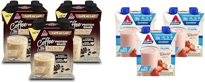 Atkins Café au Lait Iced Coffee Protein Shake 15g Protein Low Glycemic 3g Net Carb 1g Sugar &amp Strawberry Protein Shake 15g Protein Low Glycemic 2g Net Carb 1g Sugar Keto Friendly
