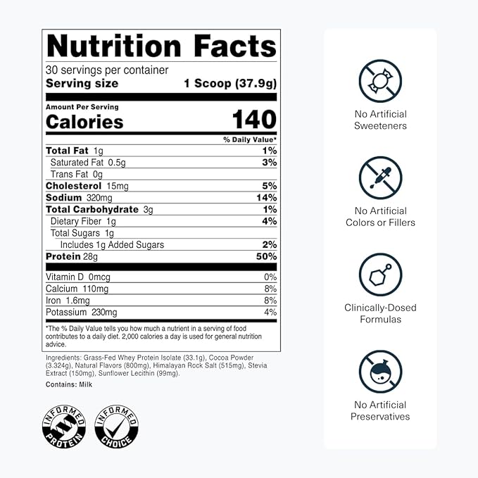 Transparent Labs Grass-Fed Whey Protein Isolate - Naturally Flavored Gluten Free Whey Protein Powder with 28g of Protein per Serving &amp 9 Amino Acids - 30 Servings Dark Chocolate