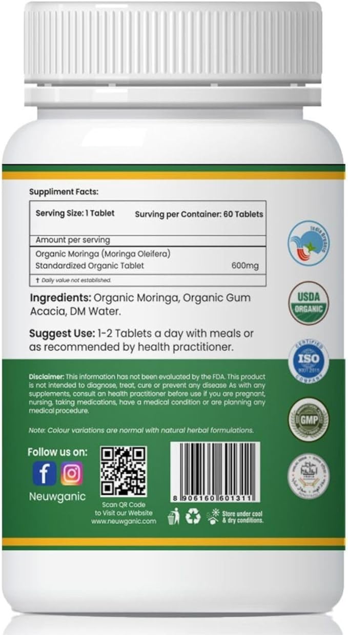 Organic Moringa Tablets - 600 mg 60 Tablets - Drumstick Leaf Tablets - Good for Hair &amp Skin - Rich Source of Calcium - Promotes Healthy Joints - Increase Metabolism