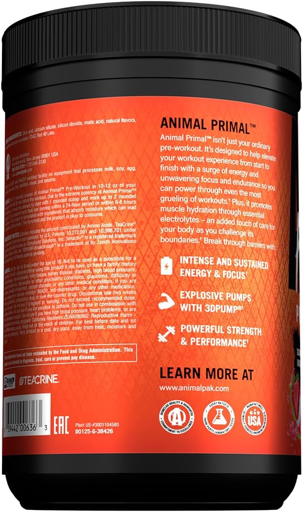 Animal Primal Muscle Hydration + Preworkout Powder – Contains Beta Alanine 3DPump Caffeine &amp Electrolytes – Improves Energy Focus Endurance &amp Absorption – New Dragon Berry Flavor 16.9 oz