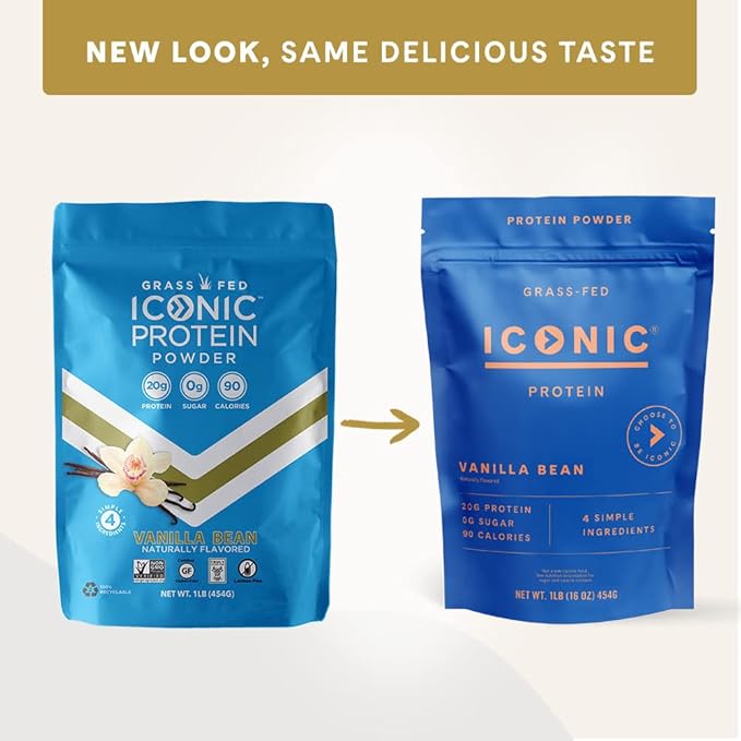 ICONIC Protein Powder Vanilla Bean - Sugar Free Low Carb Protein Powder - Lactose Free Gluten Free Non-GMO - 20g Grass Fed Whey &amp Casein Protein - Keto Friendly 1 lb Pouch (18 Servings)