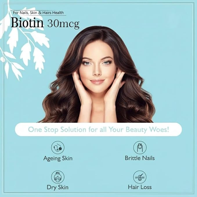 SS Biotin 30mcg Supplement for Hair Growth Strong Hair and Glowing Skin Fights Nail Brittleness 90 Tablets