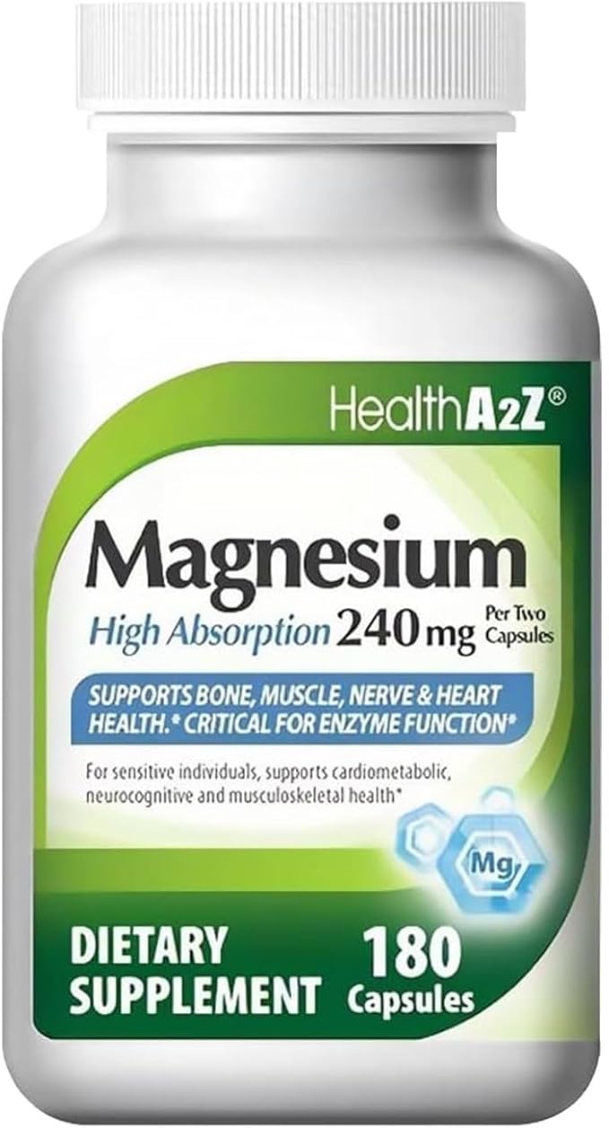 HealthA2Z® Magnesium Glycinate 240 mg - 180 Capsules Supports Daytime Energy Nighttime Restful Sleep Stress Relief Mood Balance Bone &amp Muscle Health and Natural Beauty - High Absorption Form