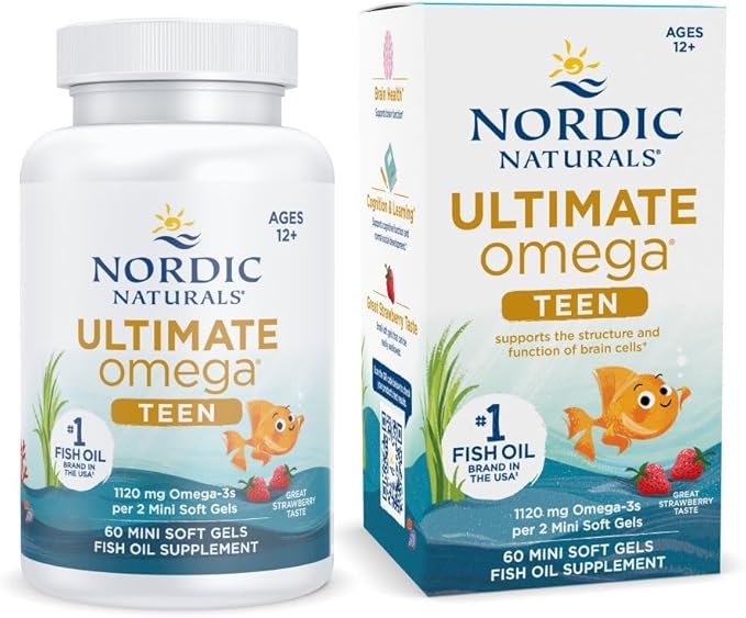 Nordic Naturals Ultimate Omega 2X Teen Strawberry - 60 Mini Soft Gels - 1120 mg Total Omega-3s with EPA &amp DHA - Brain Health Positive Mood Social Development Learning - Non-GMO - 30 Servings