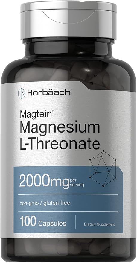 Horbäach Magtein Magnesium L-Threonate | 2000mg Supplement | 100 Capsules | for Men &amp Women | Non-GMO and Gluten Free