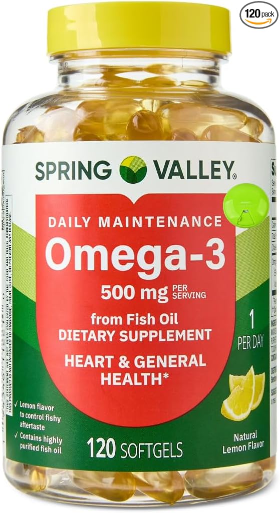 SUREFECT Spring Valley Omega-3 Fish Oil 500mg Softgels - 120 Count Lemon Flavor - Heart &amp General Health Support* - High EPA/DHA Burpless Formula Organizer