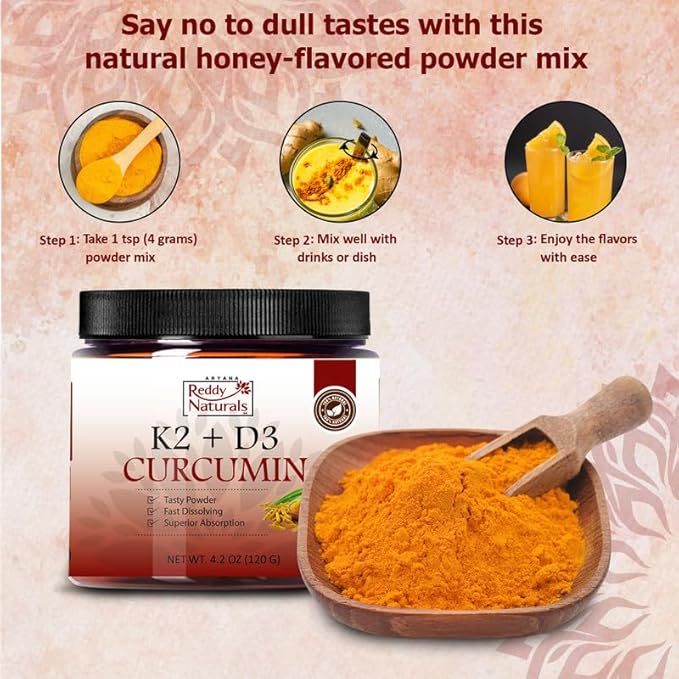 Reddy Naturals Vitamin K2 D3 with Turmeric Curcumin – Vitamin K2 + D3 Supplement Powder for Daily Wellness Plant-Based Nutrition &amp Clean Natural Ingredients – Premium Turmeric K2 D3 Blend (120 g)