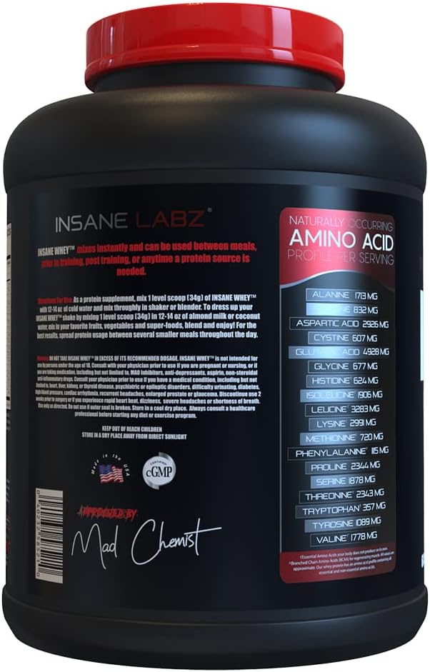 Insane Labz Insane Whey100% Muscle Building Whey Protein Post Workout BCAA Amino Profile Mass Gainer Meal Replacement 5lbs 60 Srvgs (Strawberries &amp Cream)