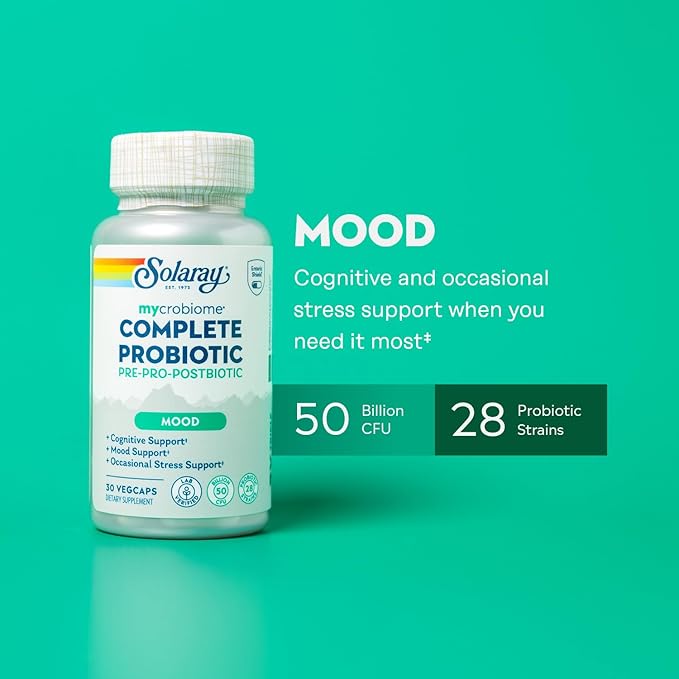 SOLARAY Mycrobiome Complete Probiotic Mood Formula - Pre and Probiotics for Women and Men Plus Postbiotic - 50 Billion CFU 28 Strains - Vegan Clinically Studied Ingredients - 30 Servings 30 VegCaps