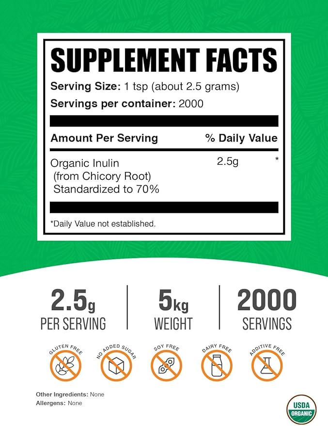 BulkSupplements.com Organic Inulin Powder - Inulin Supplement Soluble Fiber Powder - Vegan &amp Gluten Free Inulin Fiber - 2.5g per Serving 5kg (11 lbs) (Pack of 5)