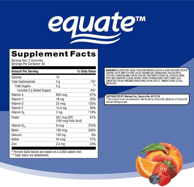 Equate Women's Multivitamin Gummies Daily Complete Multivitamin for Adult Women Mixed Berry Orange Peach Flavor 170 Count Sticker
