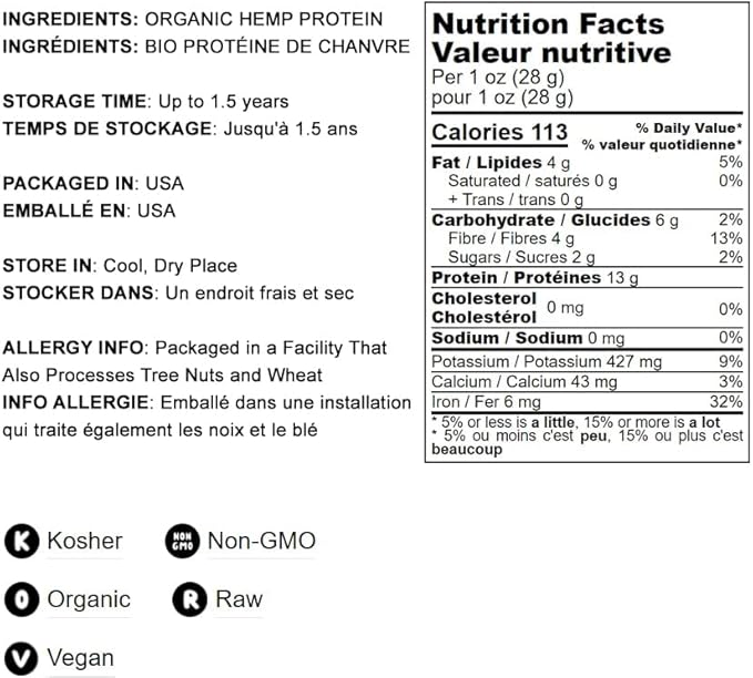 Food to Live Organic Hemp Protein Powder 2 Pounds — 50% Protein Non-GMO Non-Irradiated Pure Kosher Vegan Superfood Rich in Iron and Fiber
